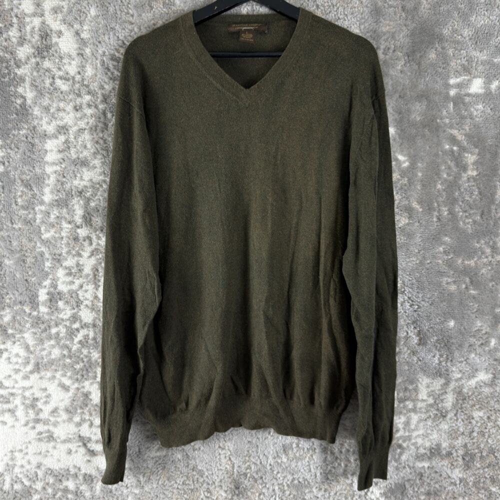 Sebastian Cooper Size L Cashmere Cotton Blend V Neck Sweater Olive Green Pullove